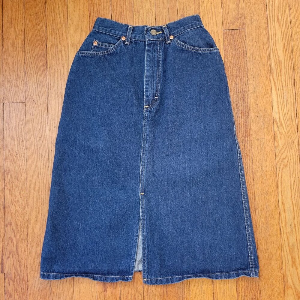 Vintage Lee Riders 3 High Waisted Denim Blue Jean Midi Skirt Front Slit Western